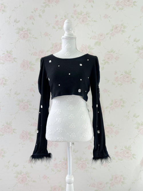 (31%OFF)Ank Rouge Back Laced Up Feather Sleeve Top (Black)
