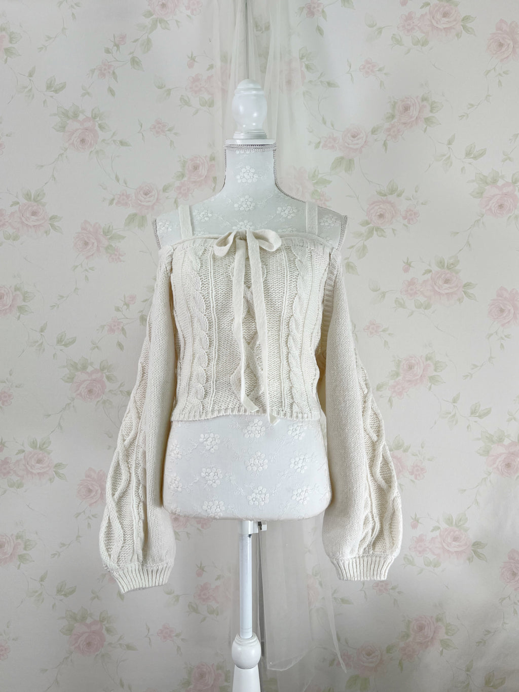 Cardigan Moe Sleeve Camisole Set (Ivory)