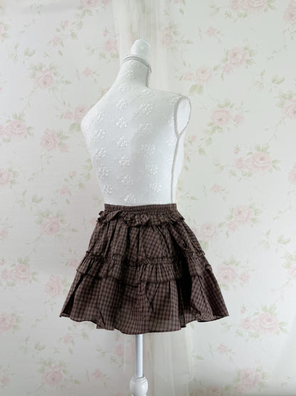 GRL Ruffled Hem Shoujo Checked Tiered Skirt (Chocolate)