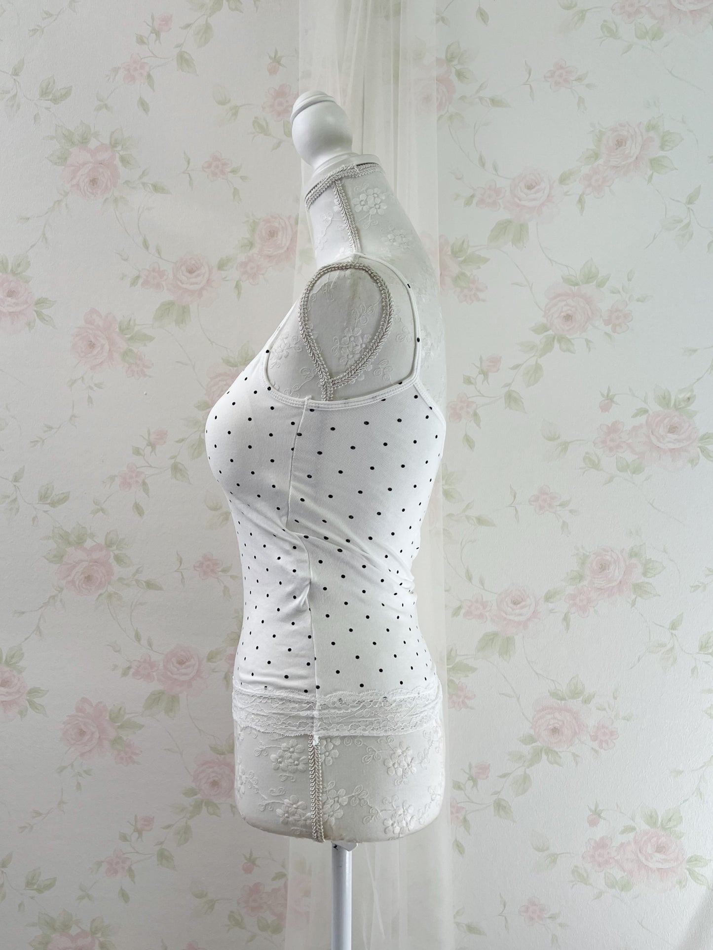 Polka Dot Lacy Hem Camisole With Cups (White)