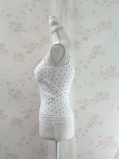 Polka Dot Lacy Hem Camisole With Cups (White)