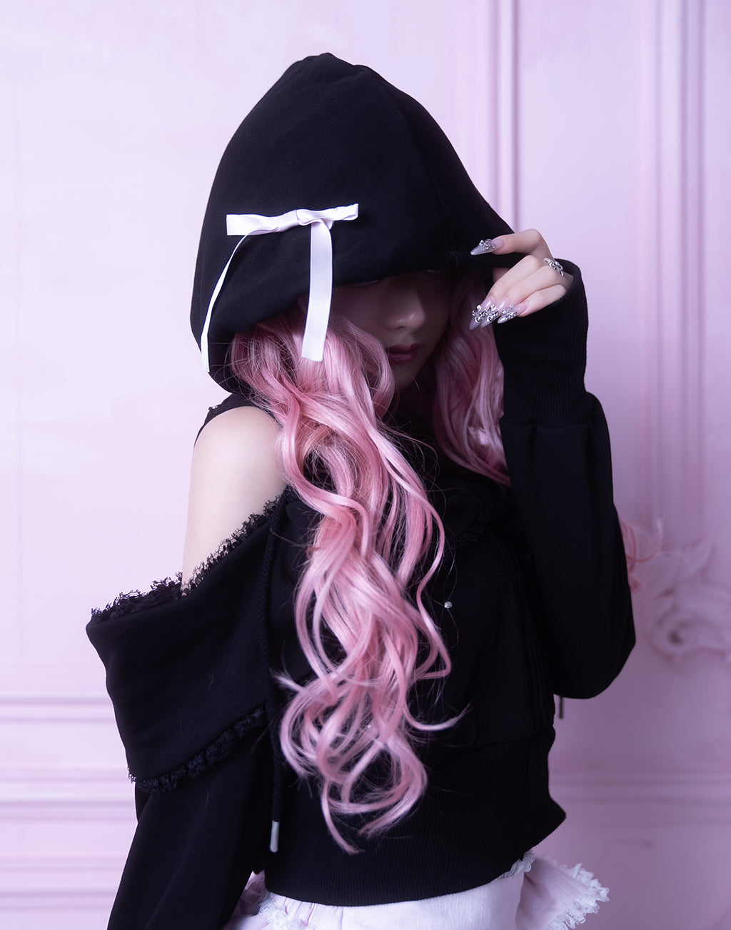 AVENCHUMU Ribbon shoulder zip hoodie