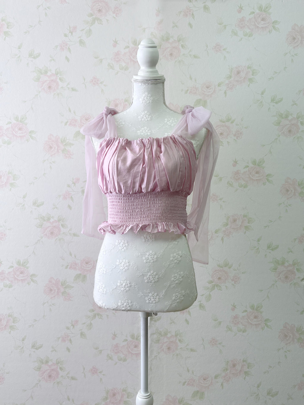 Chiffon Shoulder Bow Silky Top (Pink)