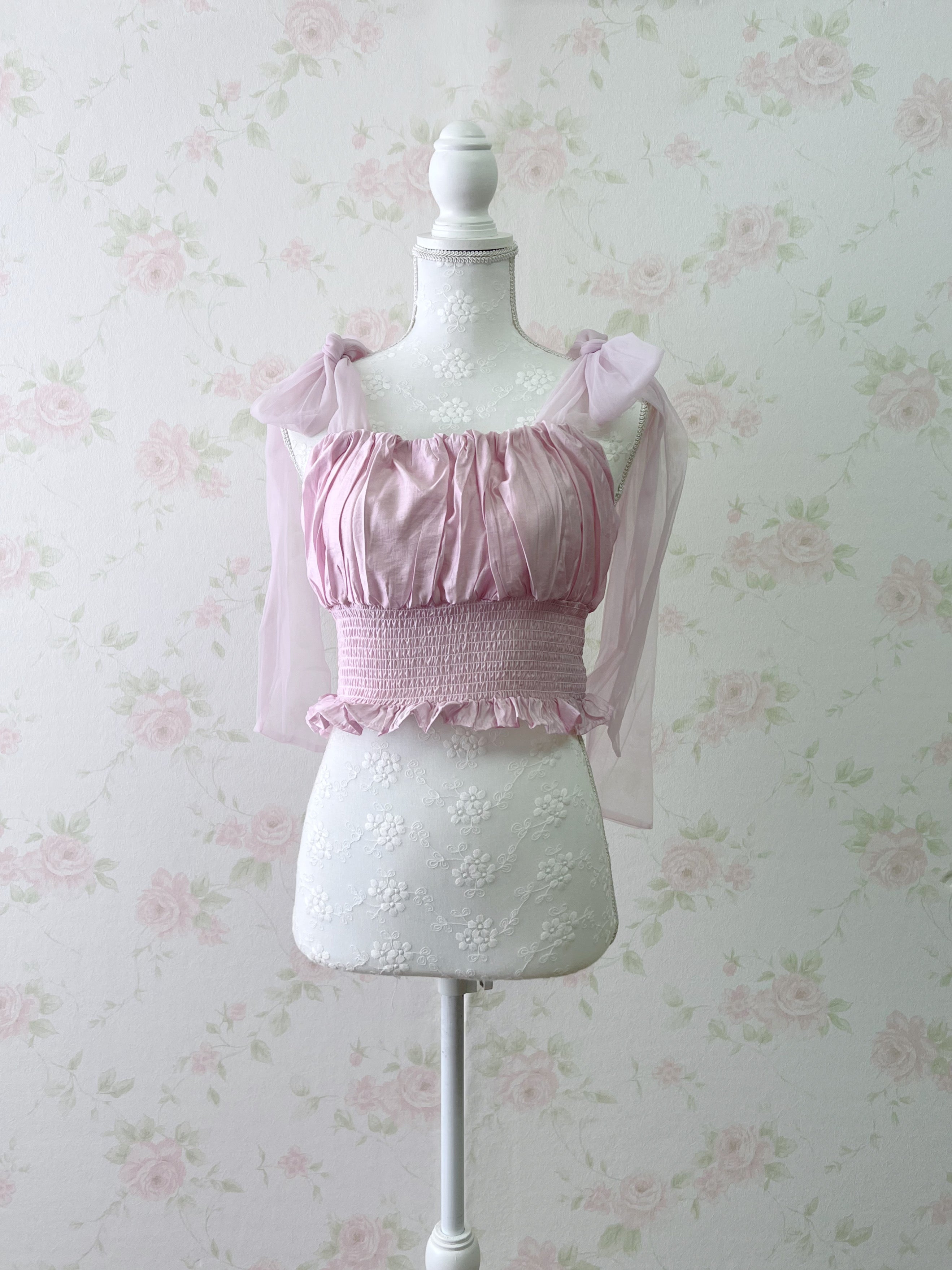 Chiffon Shoulder Bow Silky Top (Pink)