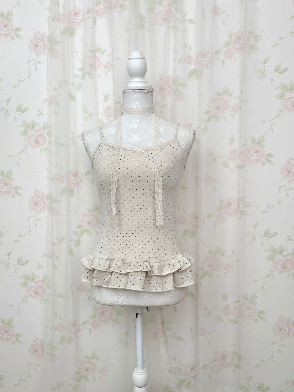 Polka Dot Cardigan Camisole Set (Beige)