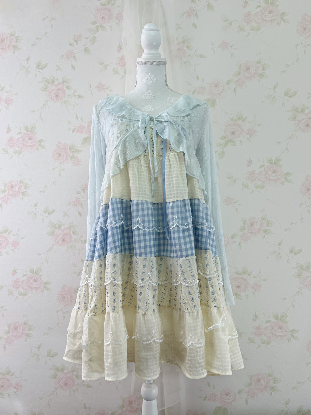 Lacy Front String Cardigan (Blue)