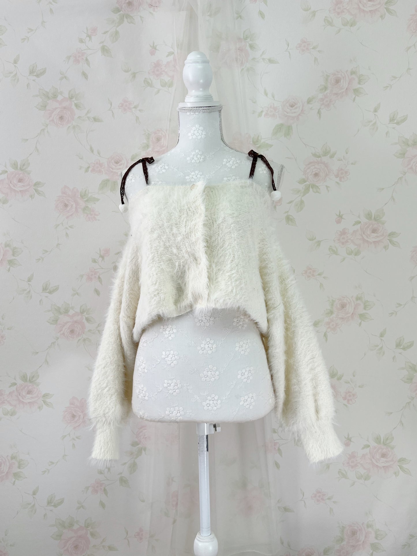 MultiPal Store Original Pom Pom Lace Strap Shaggy Sweater (Ivory)