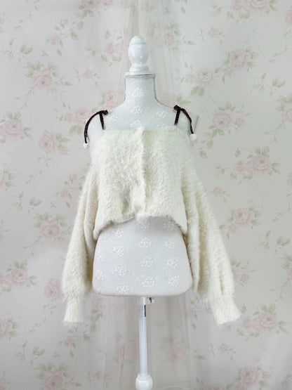 MultiPal Store Original Pom Pom Lace Strap Shaggy Sweater (Ivory)