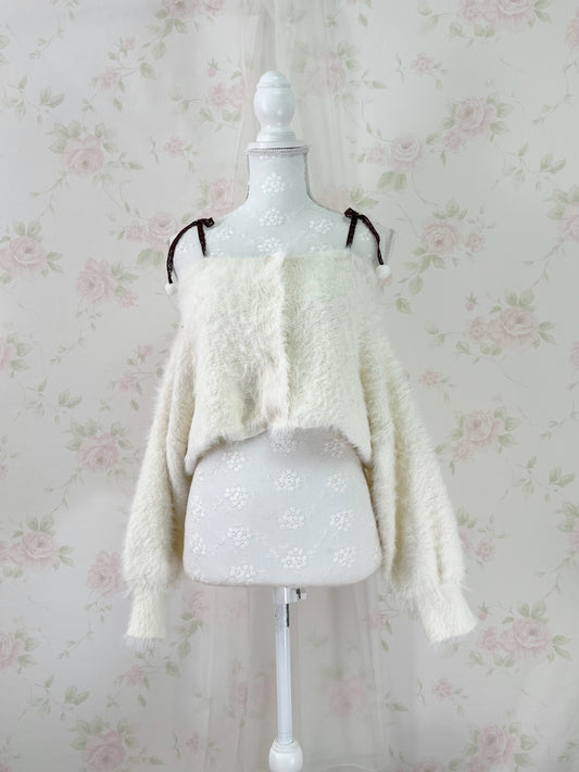 MultiPal Store Original Pom Pom Lace Strap Shaggy Sweater (Ivory)