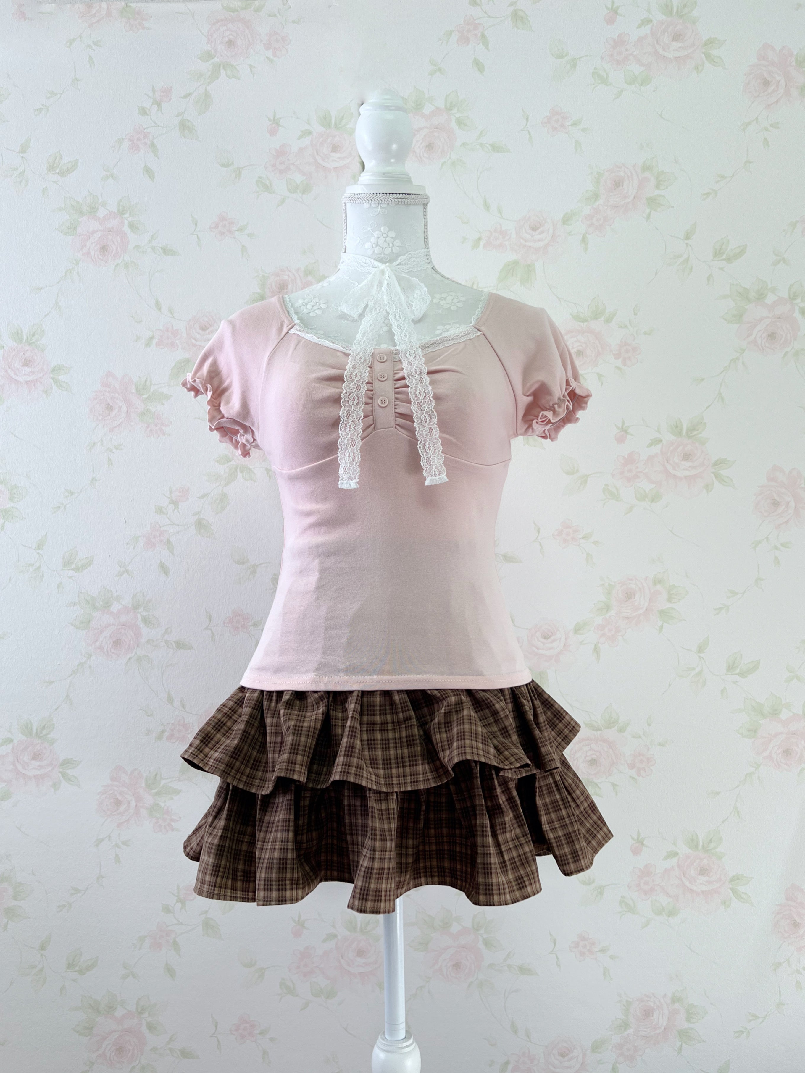 Lace Choker Girly Cotton T-Shirt  (Pink)