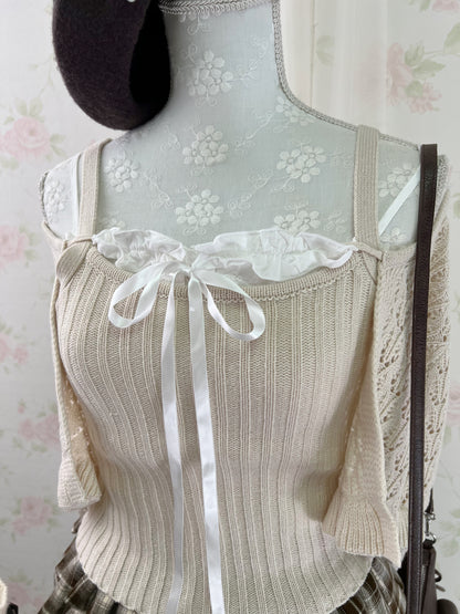 GRL Ruffled Hem Knitted Camisole Cardigan Set (Beige)