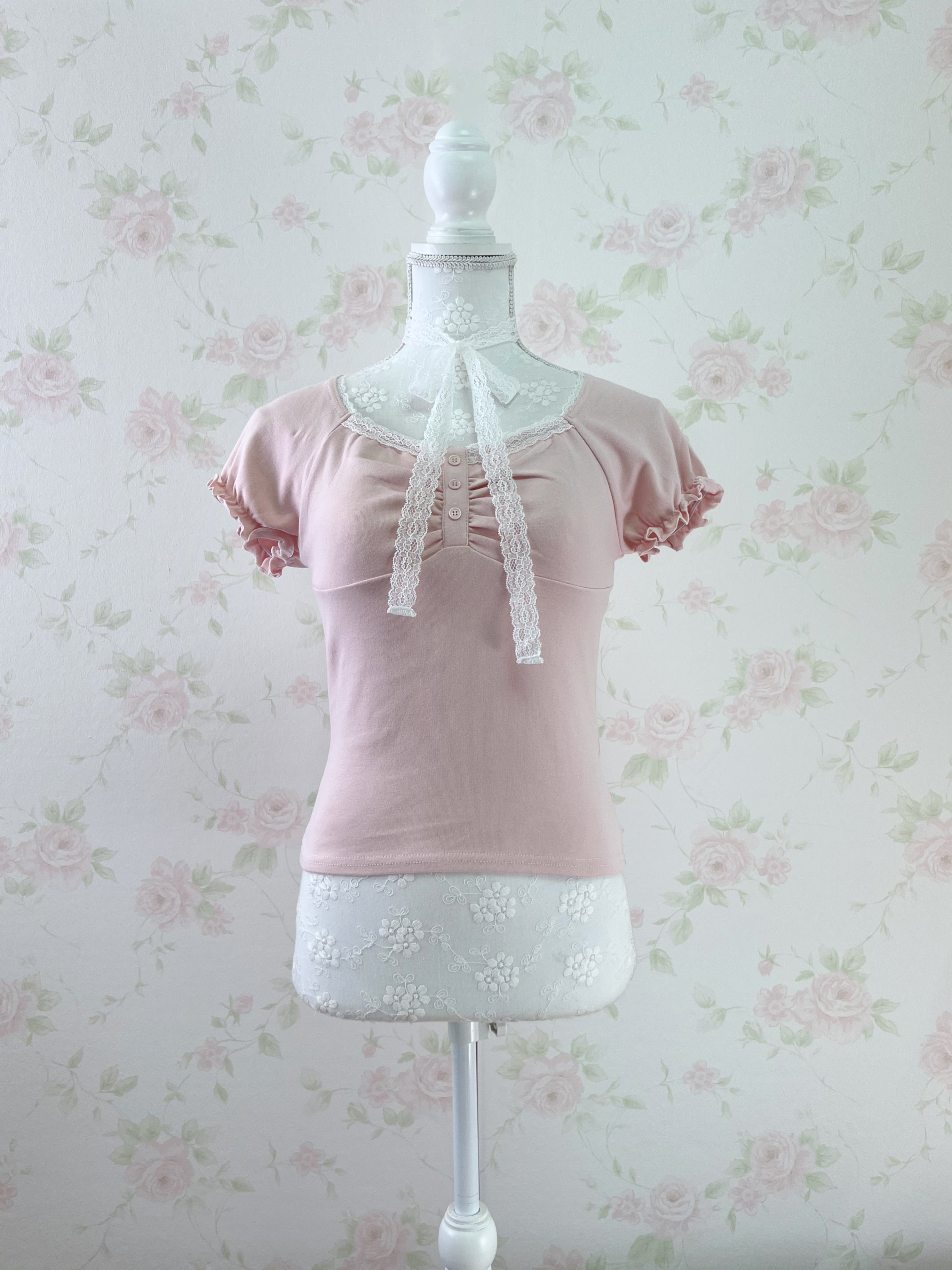 Lace Choker Girly Cotton T-Shirt  (Pink)
