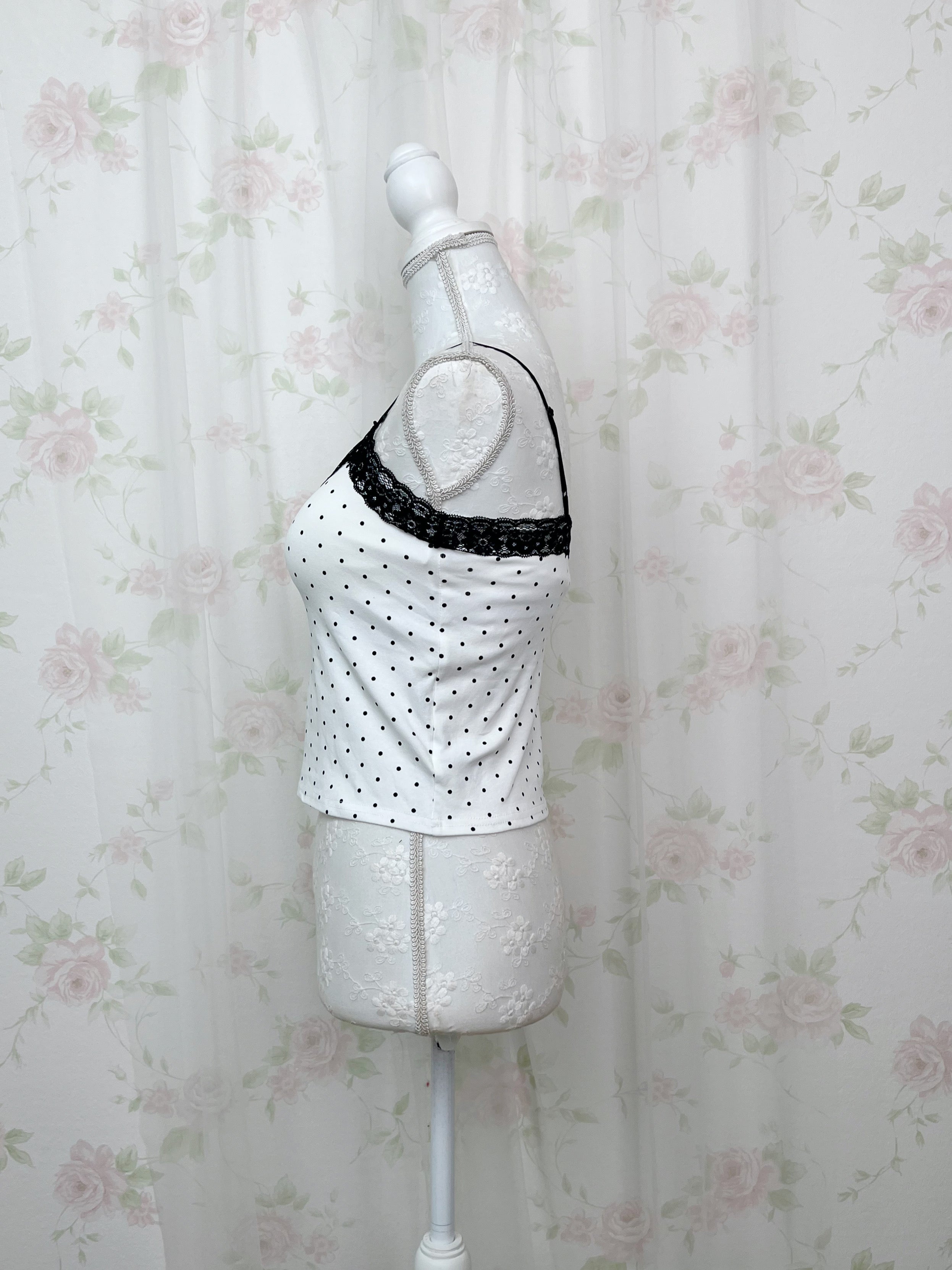 Polka Dot Cotton Front Ribbon Camisole (White)