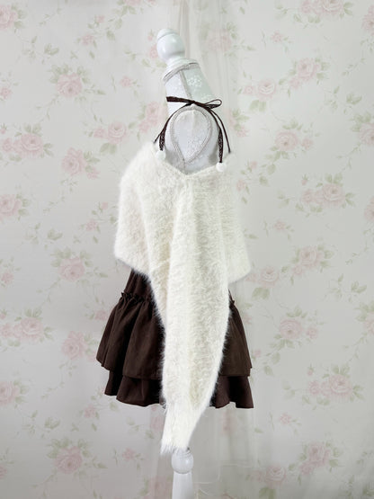 MultiPal Store Original Pom Pom Lace Strap Shaggy Sweater (Ivory)