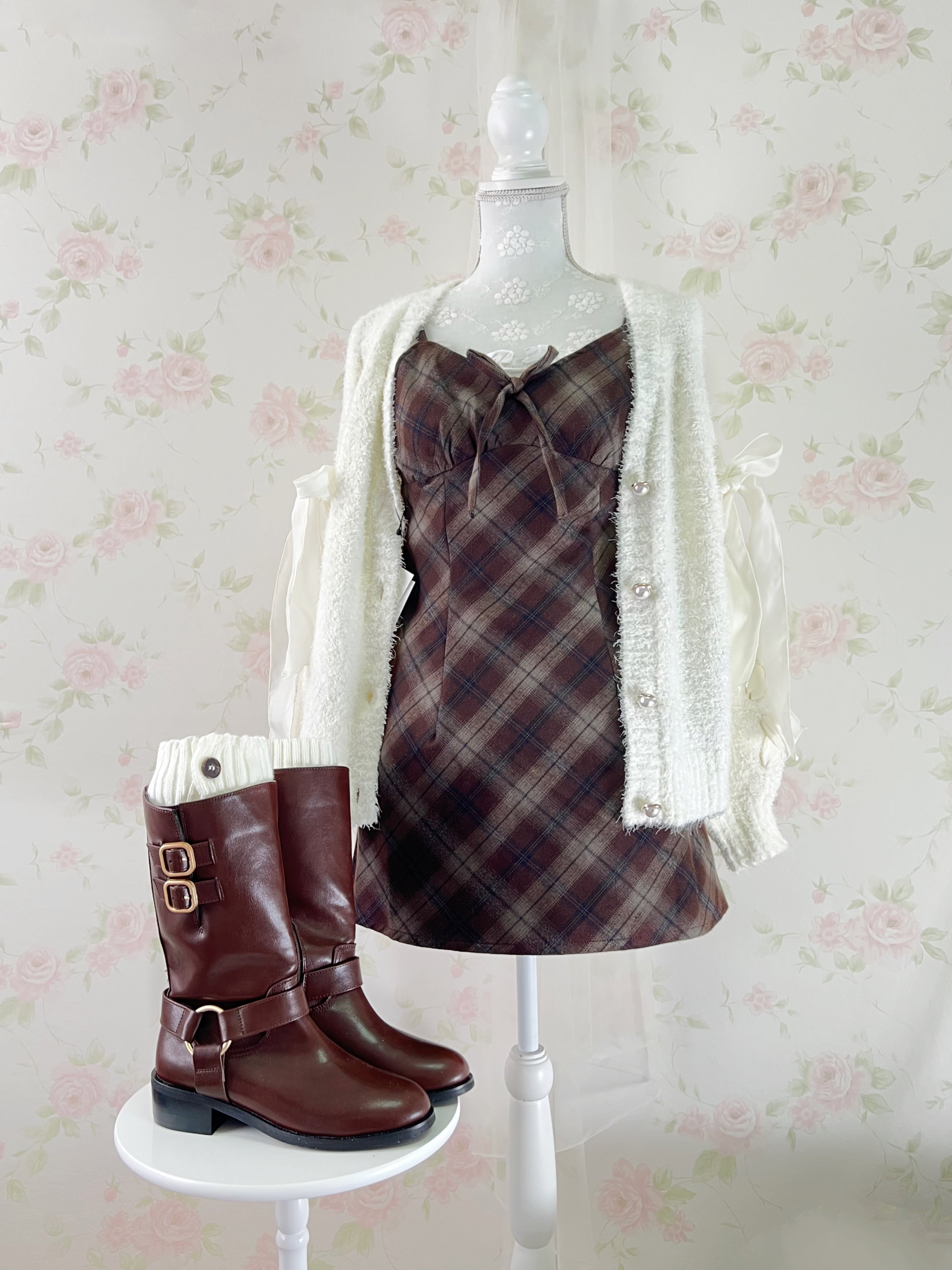 Laced Up Bow Shaggy Cardigan (Ivory)