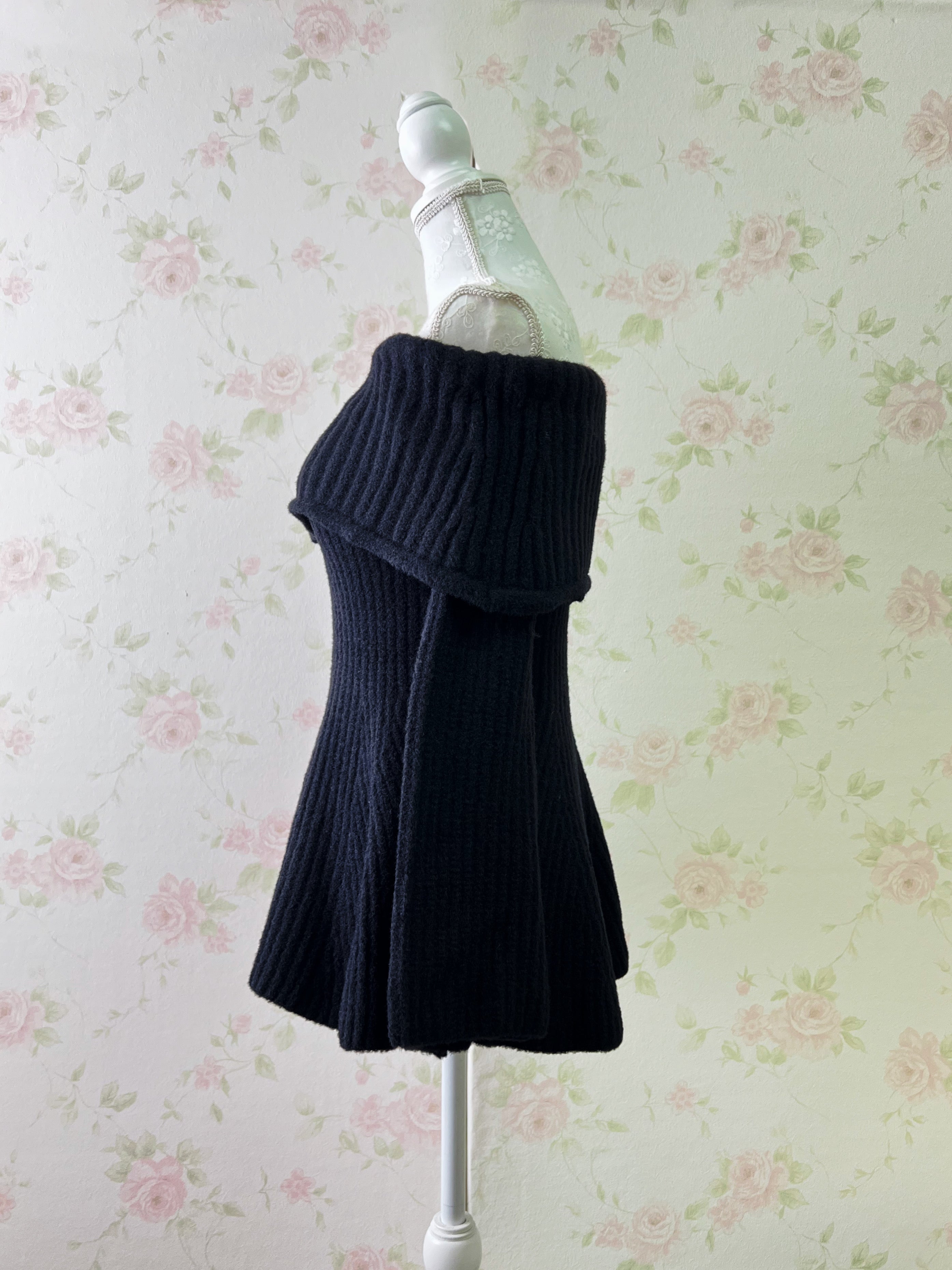 Off Shoulder Wide Sleeved Knit Top (Black)