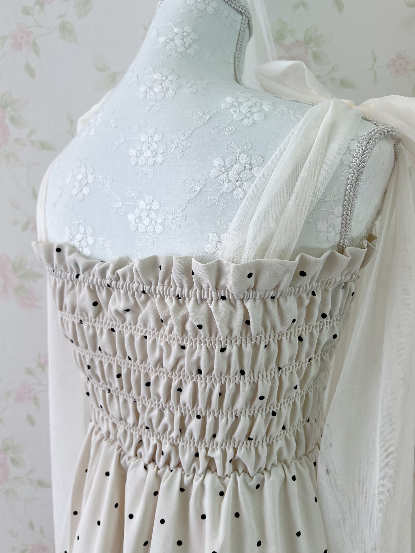 GRL Tulle Ribbon Strap Polka Dot Long Dress (Ivory)