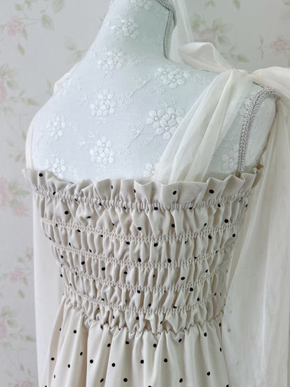 GRL Tulle Ribbon Strap Polka Dot Long Dress (Ivory)