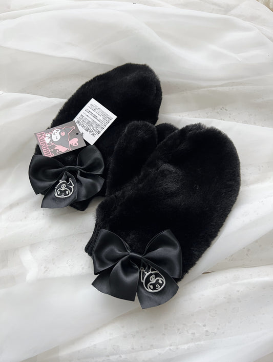 Kuromi Mitten Eco Fur Satin Bow Gloves