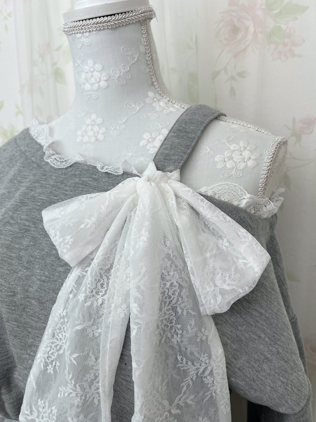 One Shoulder Top&Lace Sweat Skirt Set (Gray)