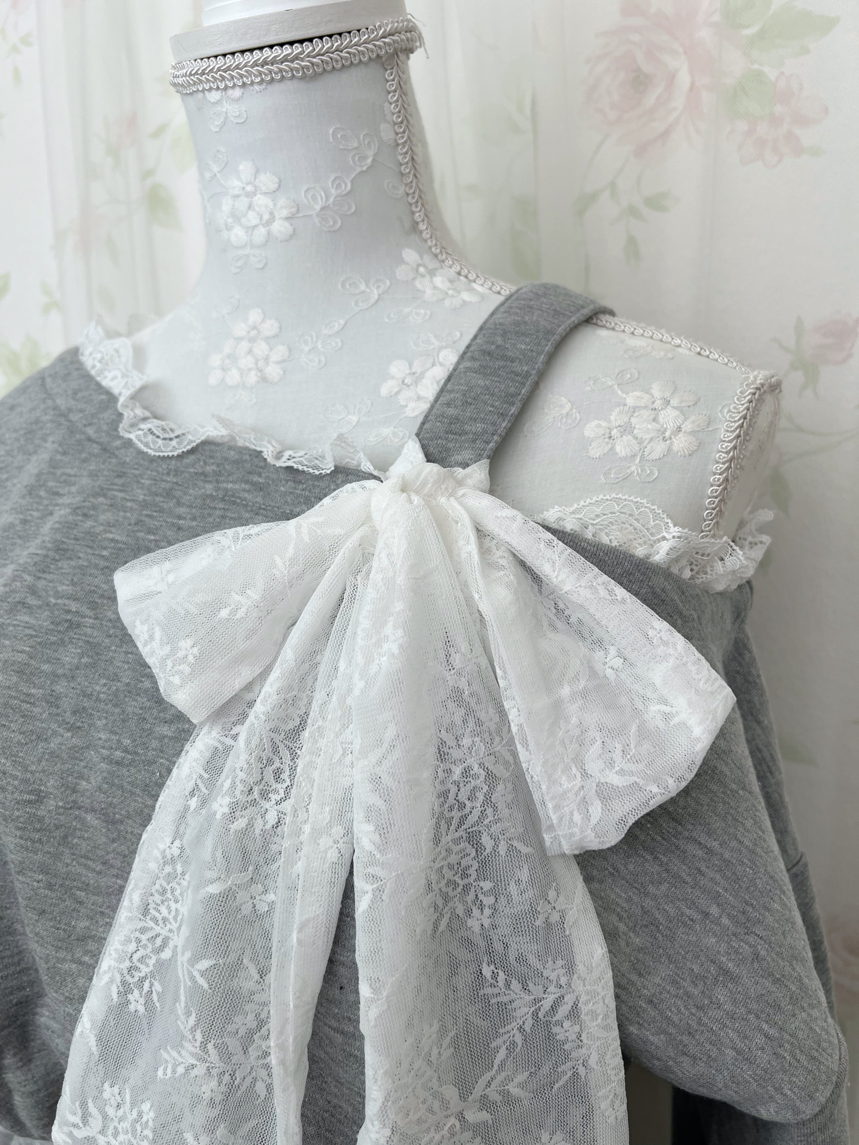 One Shoulder Top&Lace Sweat Skirt Set (Gray)