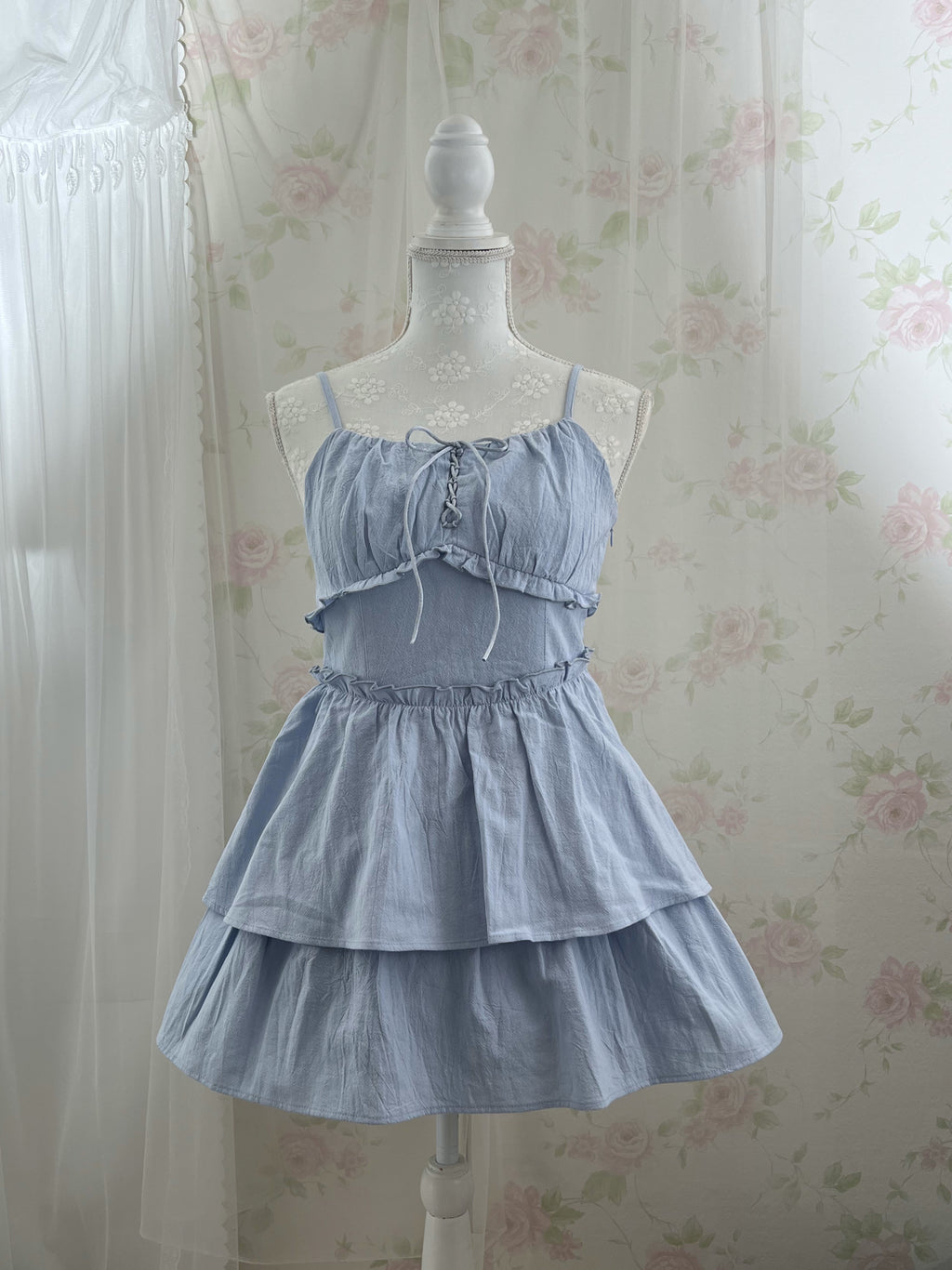 Layered Camisole Summer Cotton Dress (Blue)