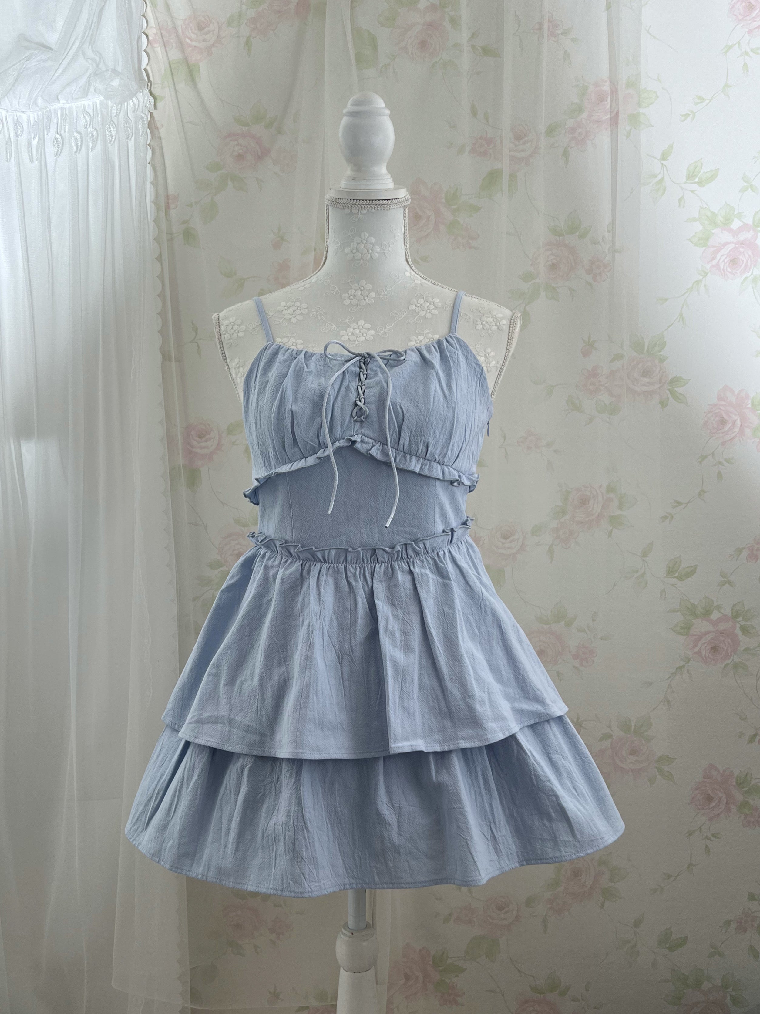 Layered Camisole Summer Cotton Dress (Blue)