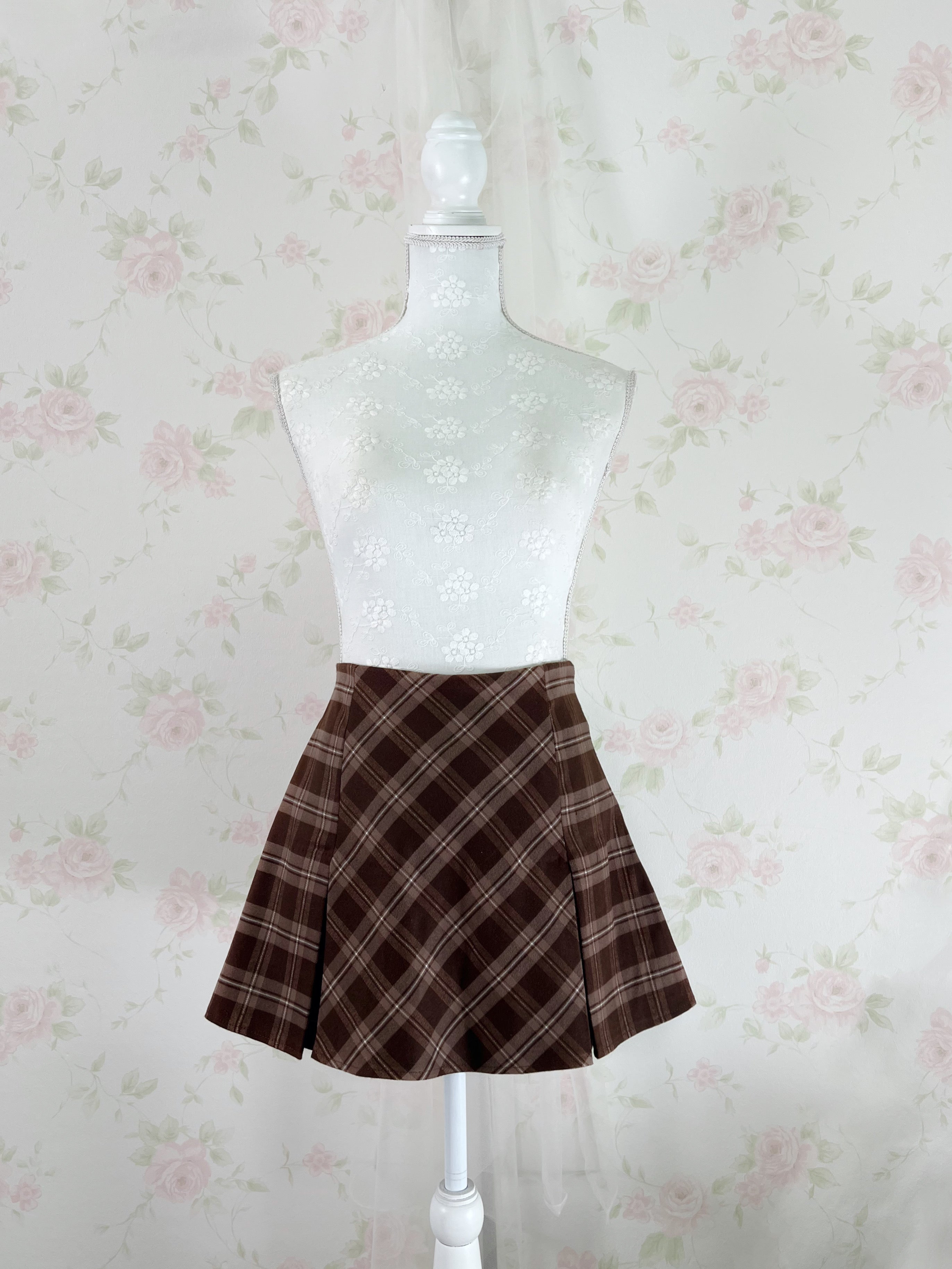 Trapezoid Checked Skirt (Brown)