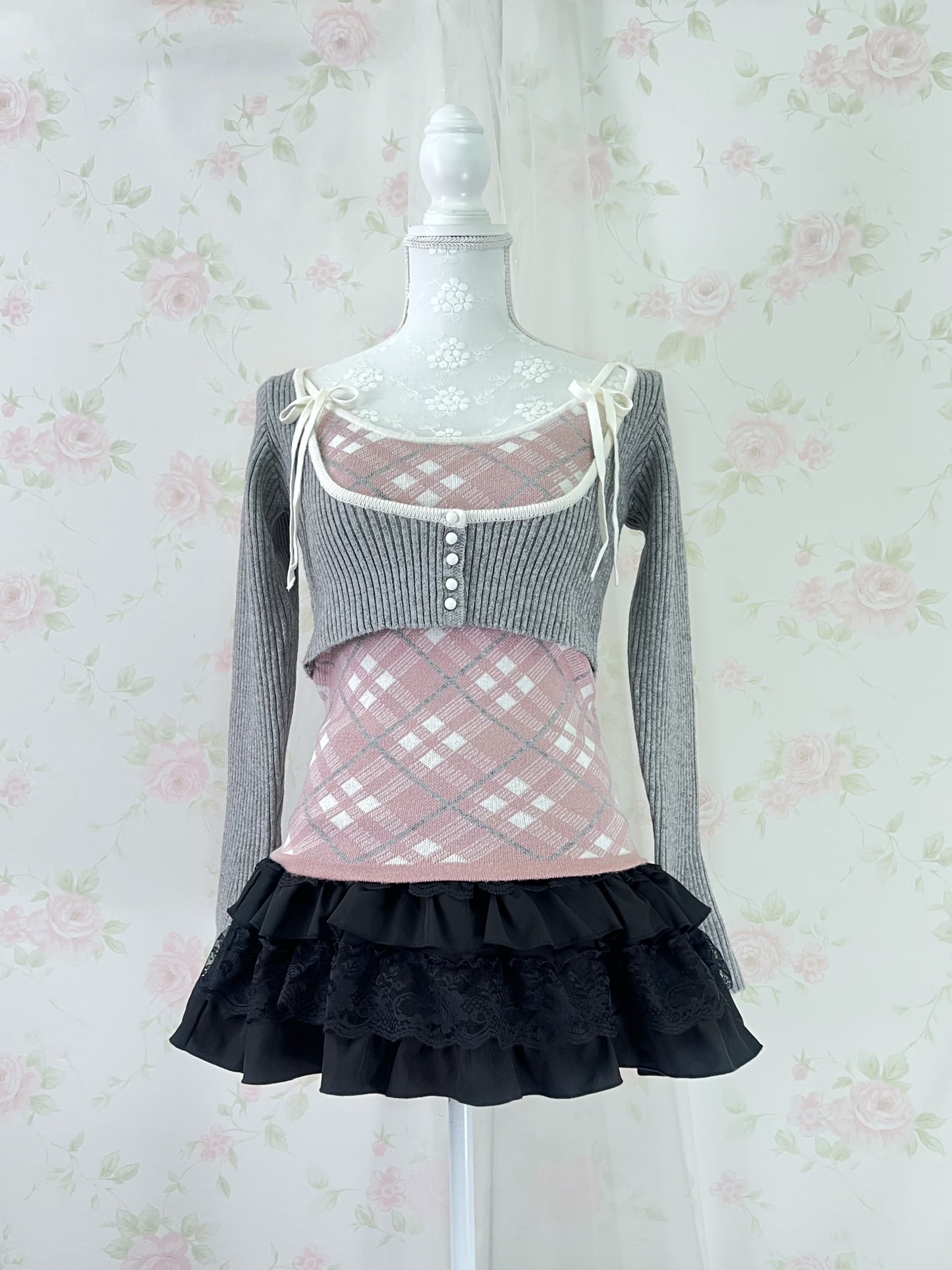 apres jour Short Knit Top & Camisole Set (Gray Pink)