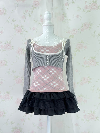 apres jour Short Knit Top & Camisole Set (Gray Pink)