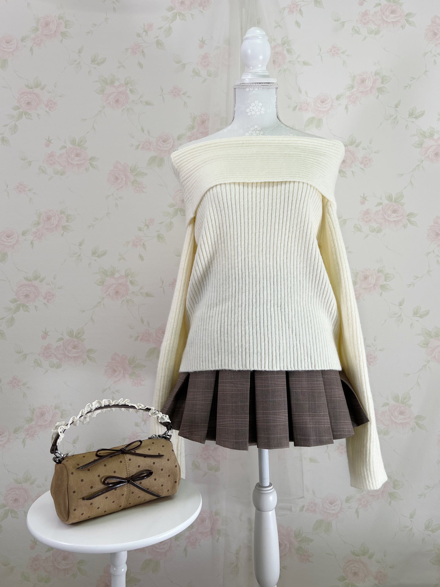 GRL Double Button Checked Pleated Skirt (Brown)