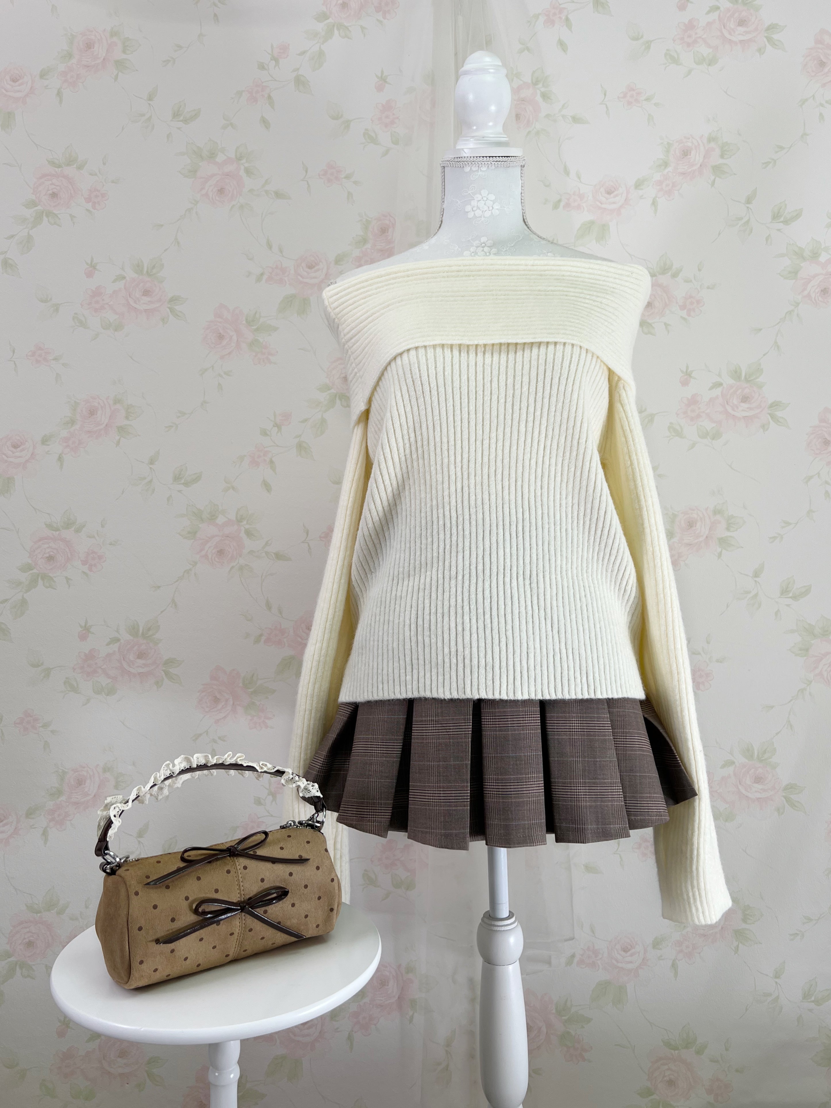 Double Button Checked Pleated Skirt (Brown)