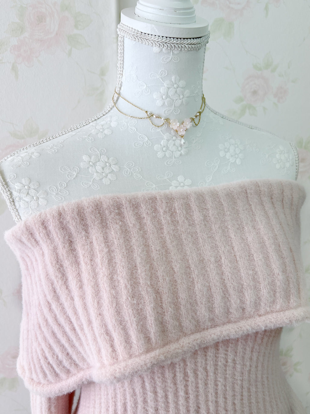 Off Shoulder Wide Sleeved Knit Top (Sakura Pink)