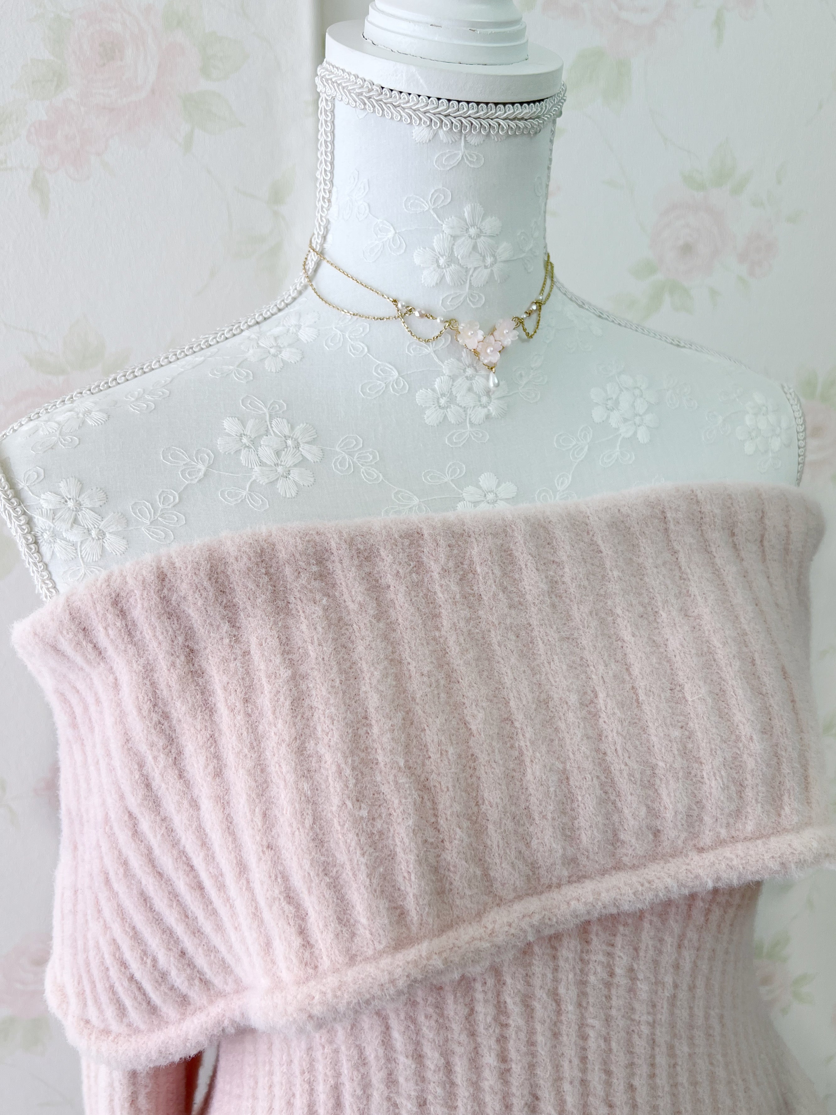 Off Shoulder Wide Sleeved Knit Top (Sakura Pink)