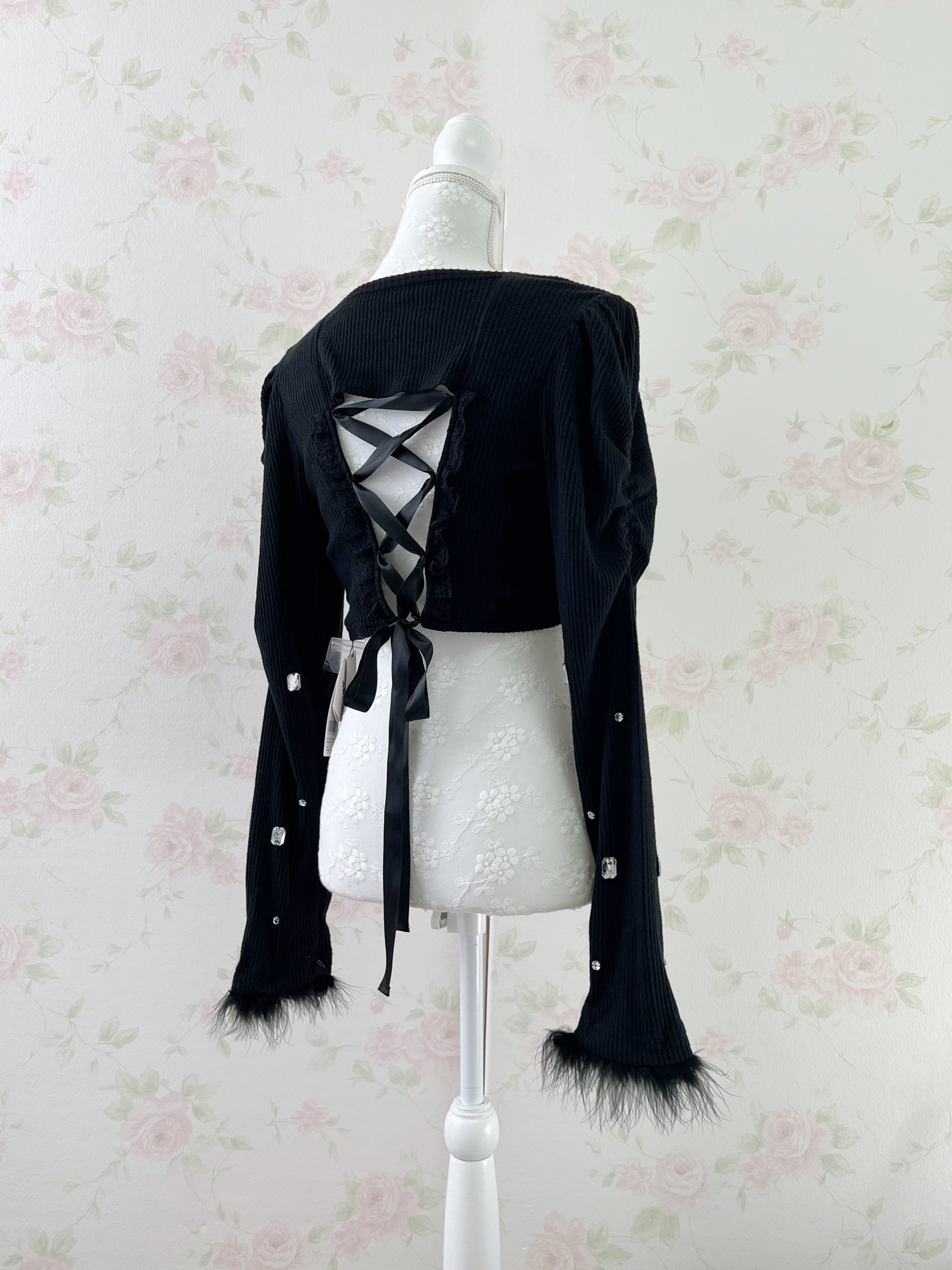 Ank Rouge Back Laced Up Feather Sleeve Top (Black)