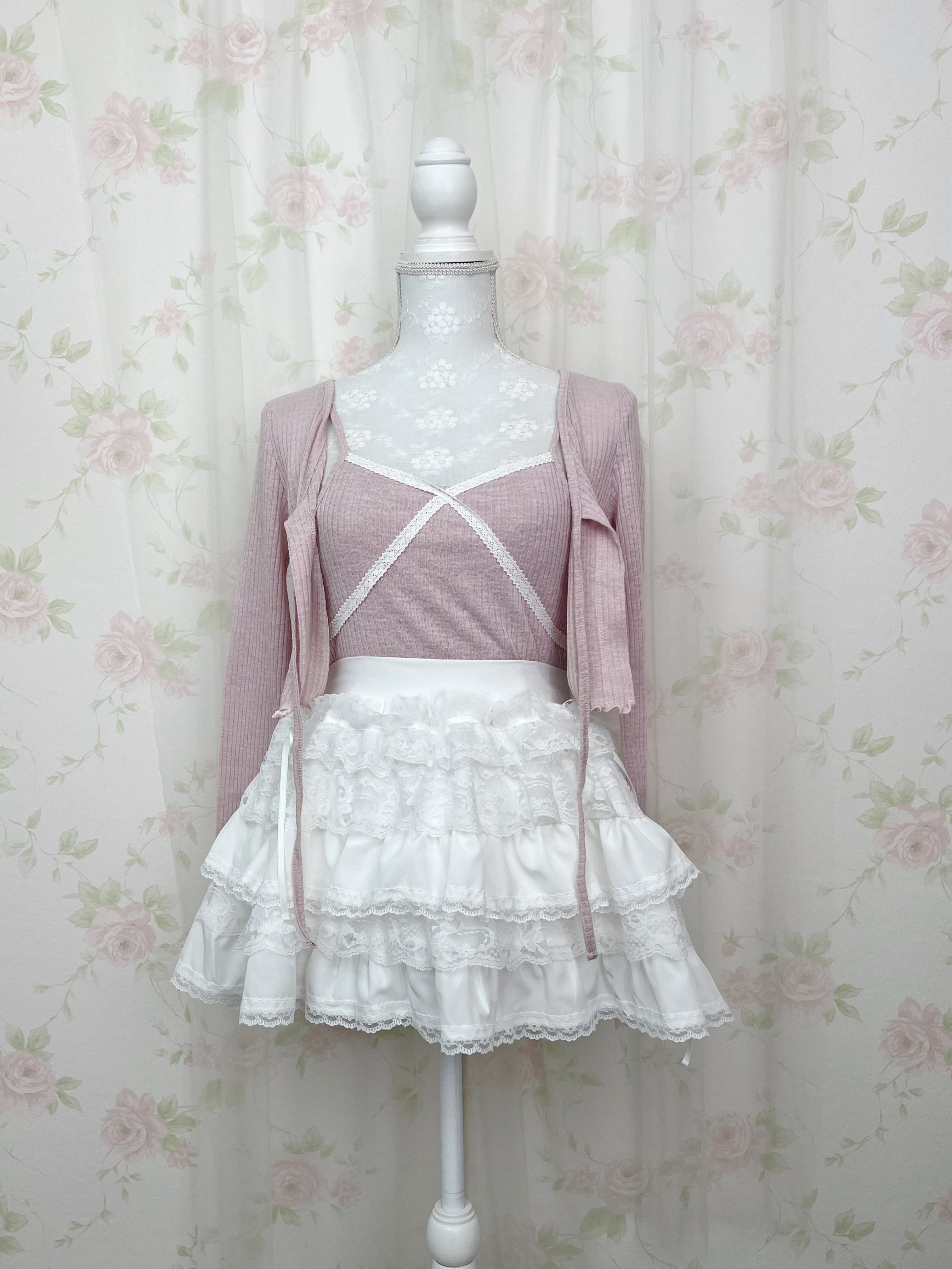 Lace Framed Camisole &Cardigan Set (Pink)