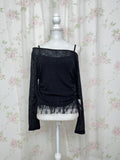 One Shoulder Knit Lace Camisole Set (Black)