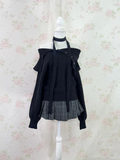 Off Shoulder With Scarf Knit Top (Black)