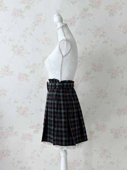Secret Honey Heart Belt Checked Pleated Skirt (Green)