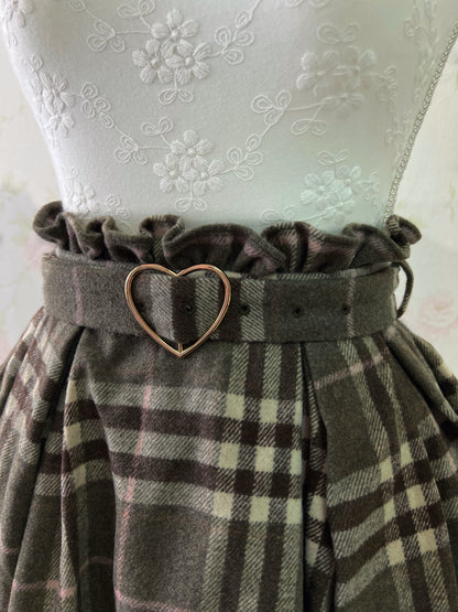 evelyn Heart Buckle Belt Checked Skirt (Brown)