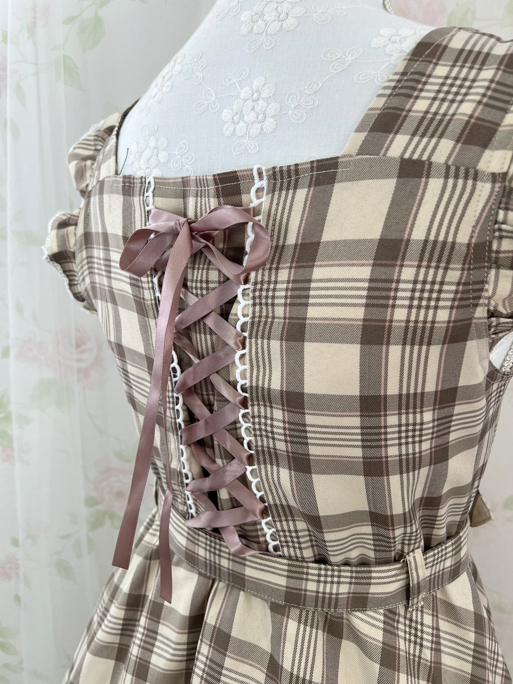 Honey Cinnamon Heart Buckle Belt Checked Dress