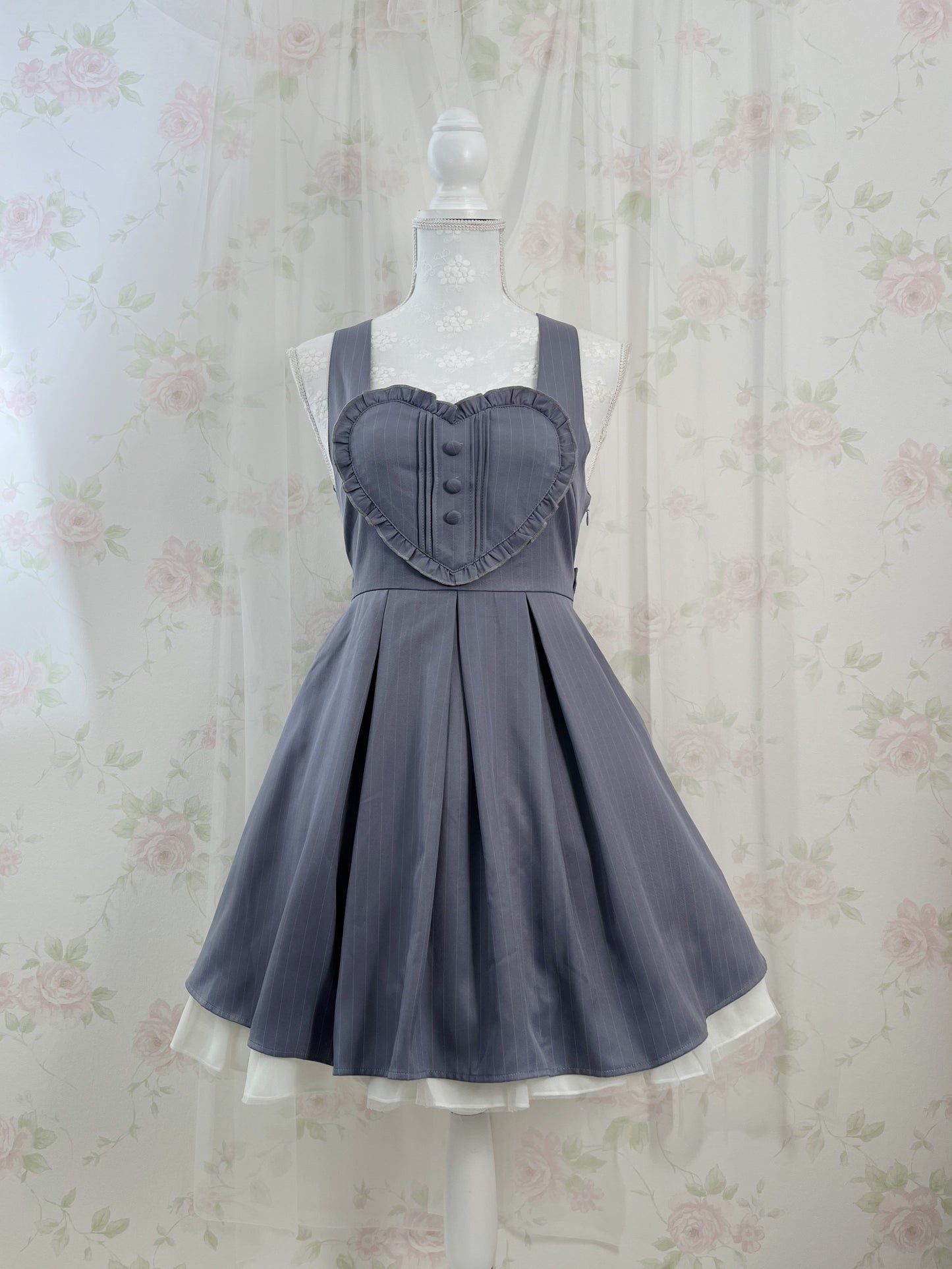 Secret Honey Heart Front Striped Jumper Skirt (Navy)