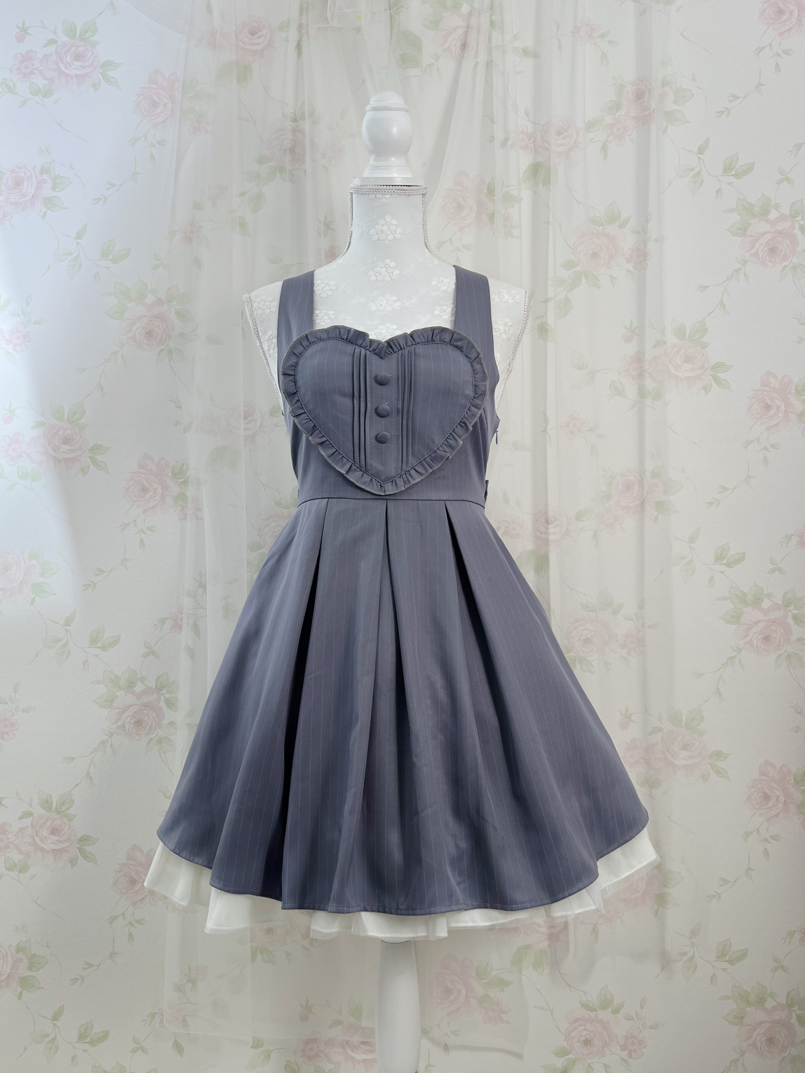 Secret Honey Heart Front Striped Jumper Skirt (Navy)