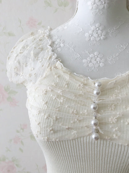 GRL Floral Tulle  Sleeved Pearl Button 2 Way Top (White)
