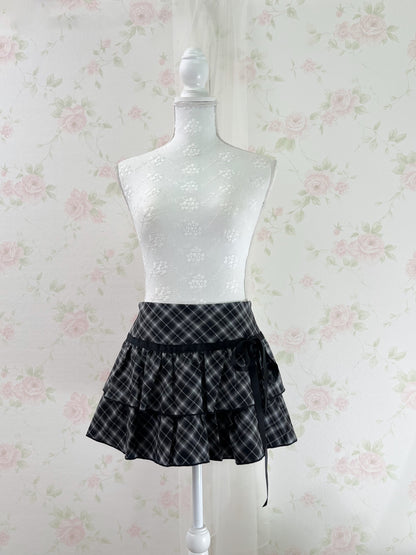 Side Bow Checked Shoujo Mini Skirt (Black)