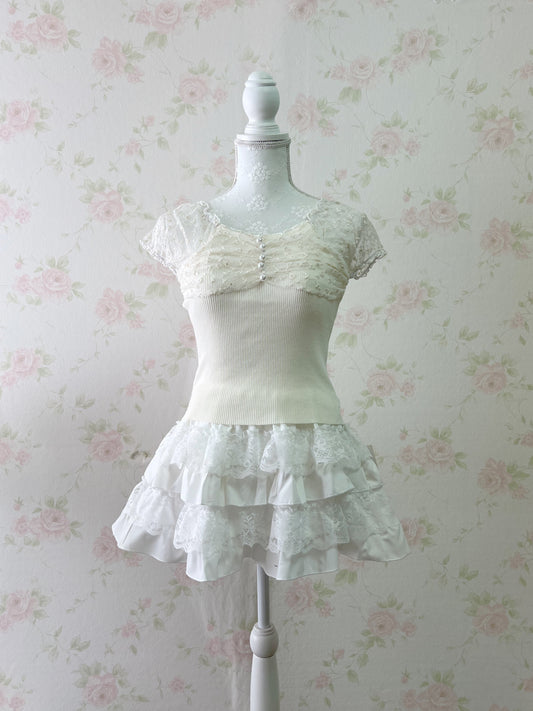 GRL Floral Tulle  Sleeved Pearl Button 2 Way Top (White)