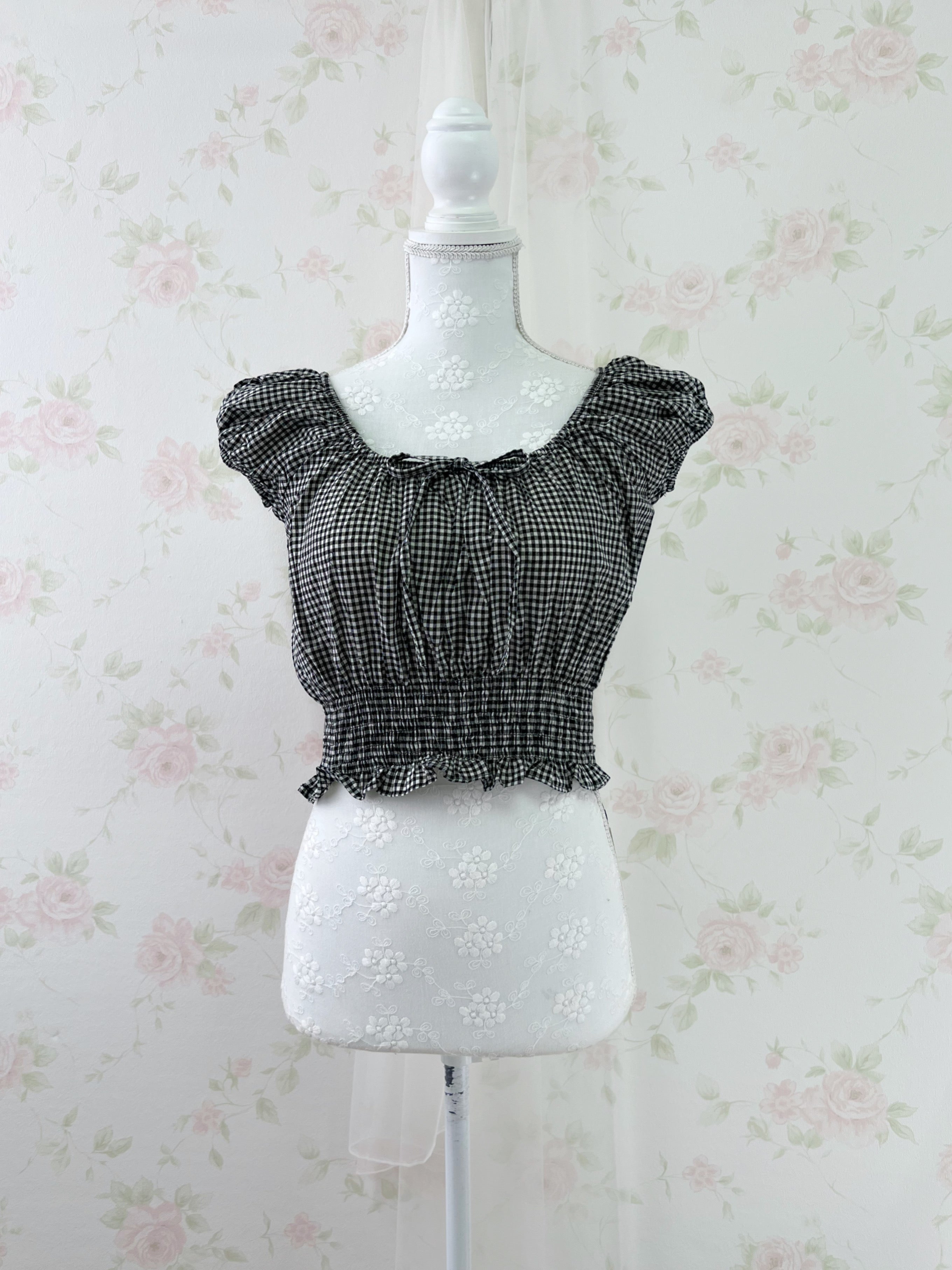 2 Way Gingham Checked Cotton Blouse (Black)