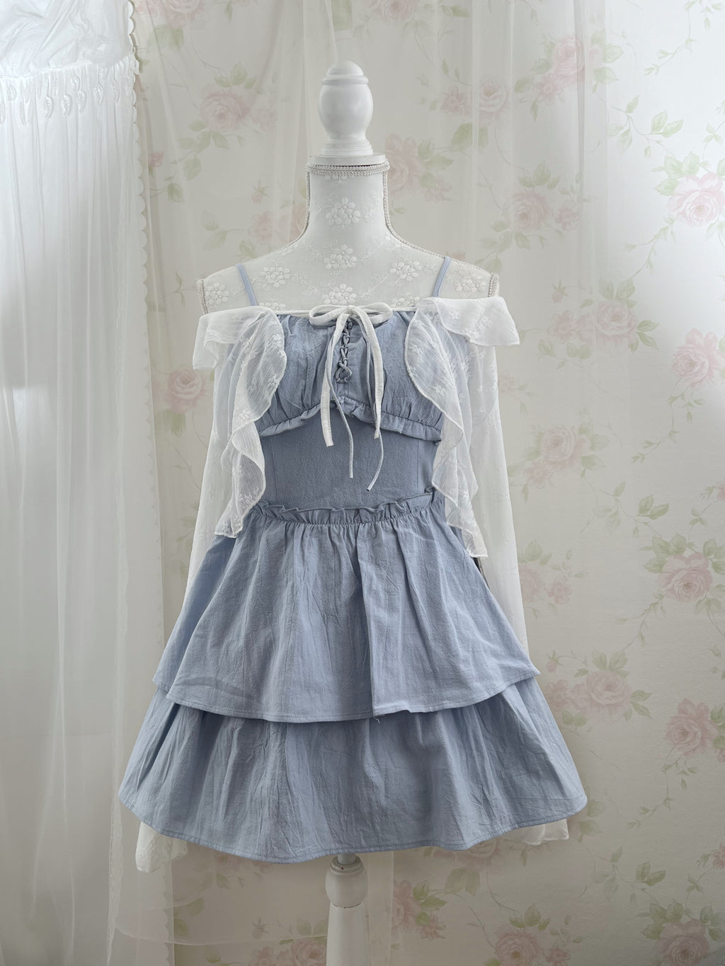 Layered Camisole Summer Cotton Dress (Blue)