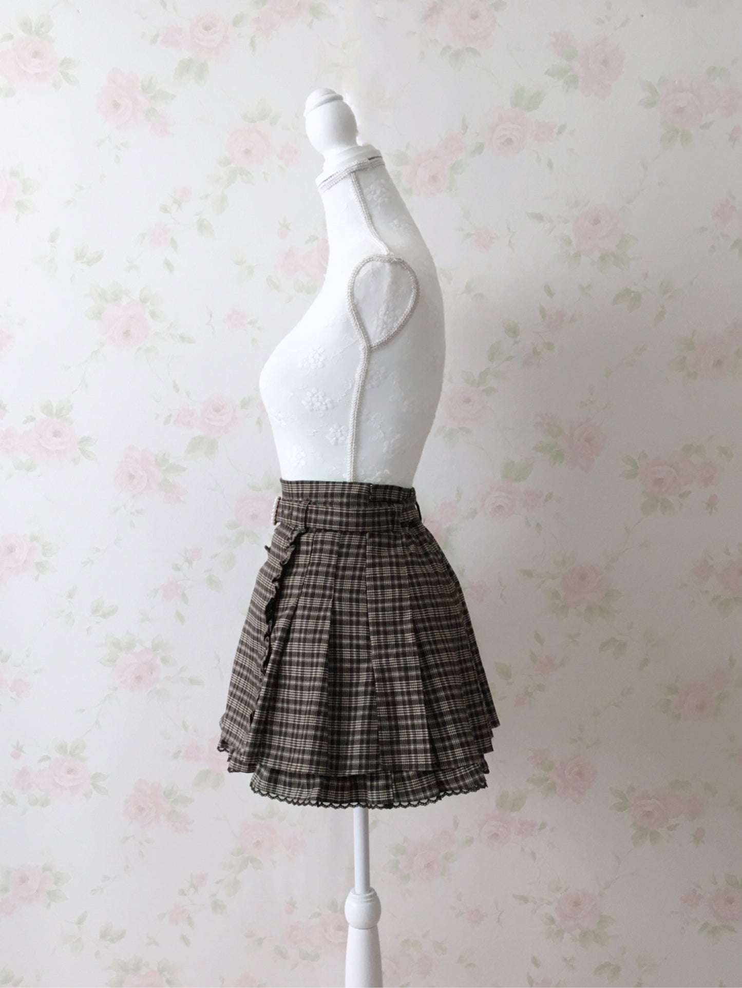 Honey Cinnamon Checked Belt Skirt (Brown)