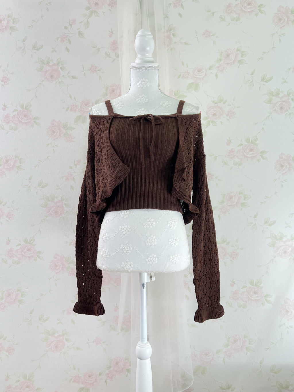 Ruffled Hem Knitted Camisole Cardigan Set (Chocolate)